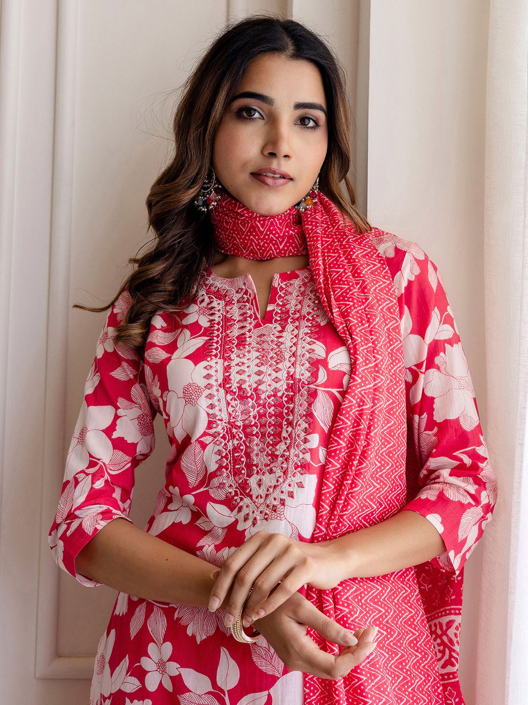 SKYLEE Floral Printed Mirror Work Straight Kurta With Trousers And Dupatta