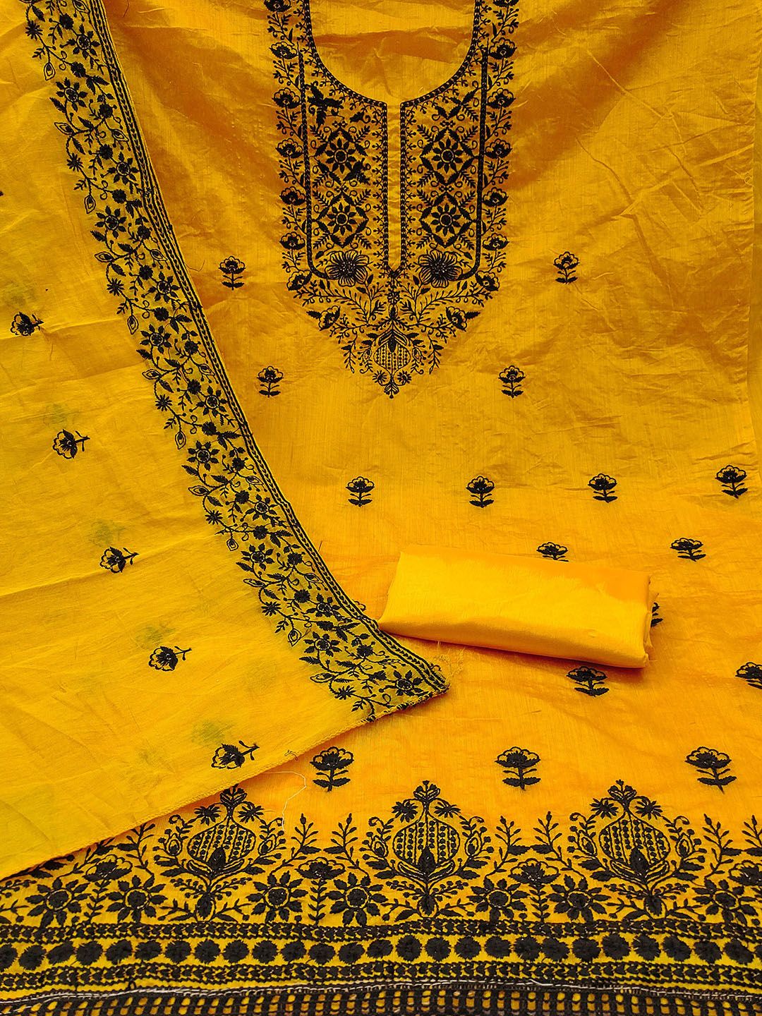 HERE&NOW Floral Embroidered Thread Work Chanderi Cotton Unstitched Dress Material