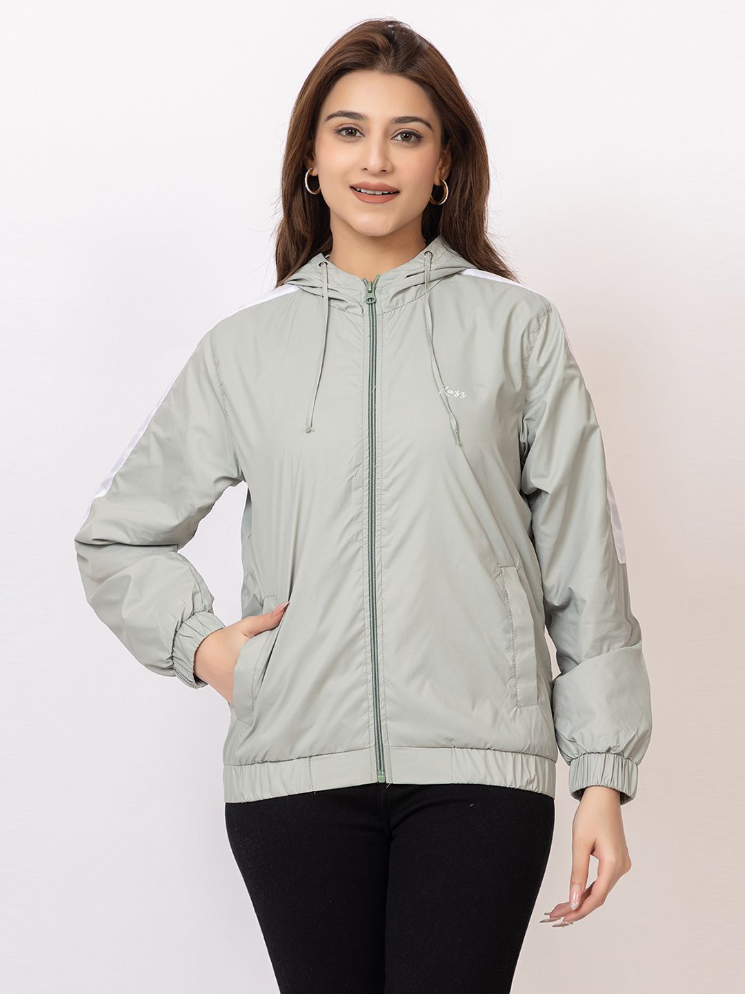 KAZZ Women Hooded Solid Windcheater Bomber Jacket