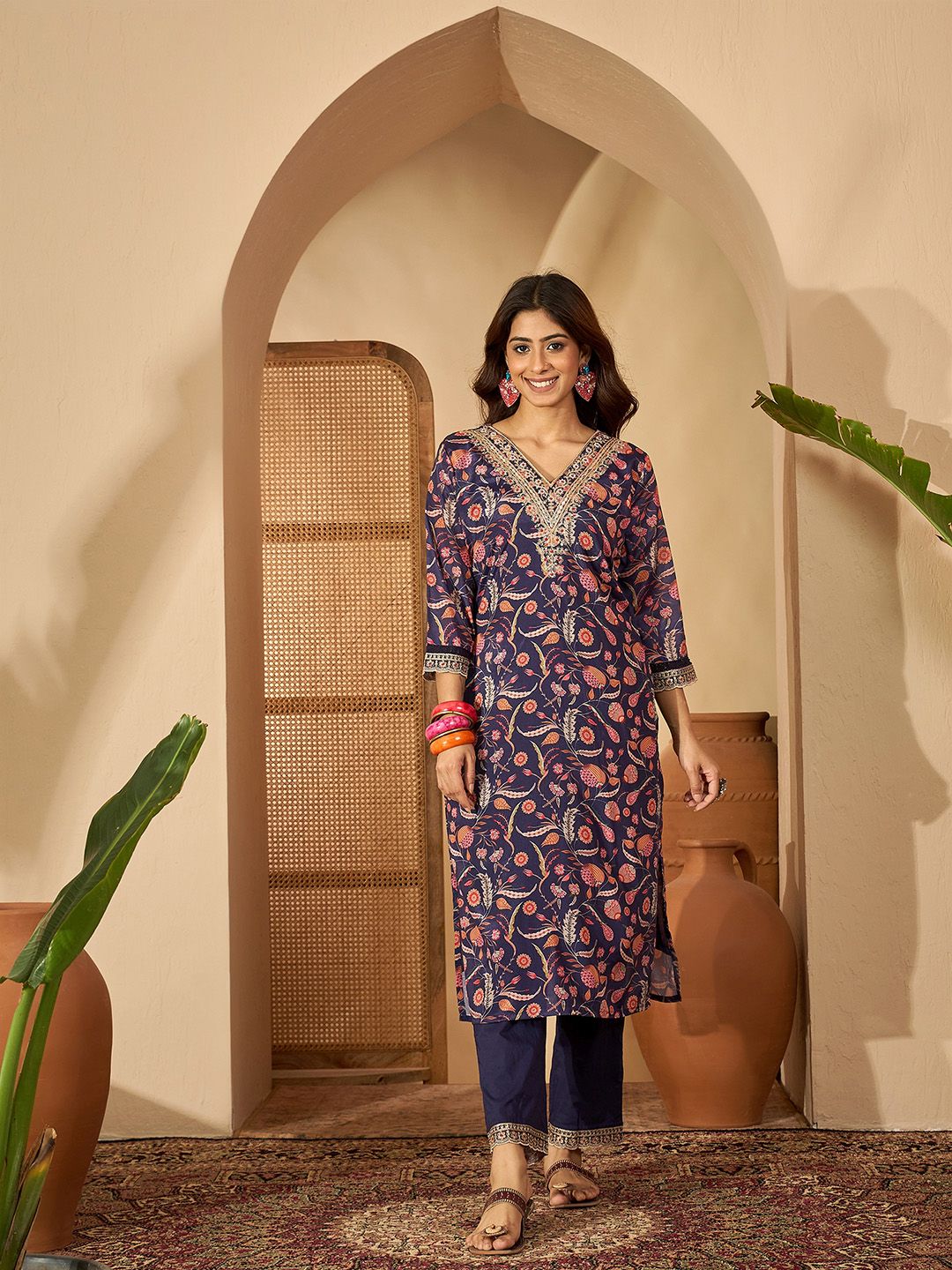 Sangria Women Floral Embroidered V-Neck Sequinned Kurta With Trouser & Dupatta