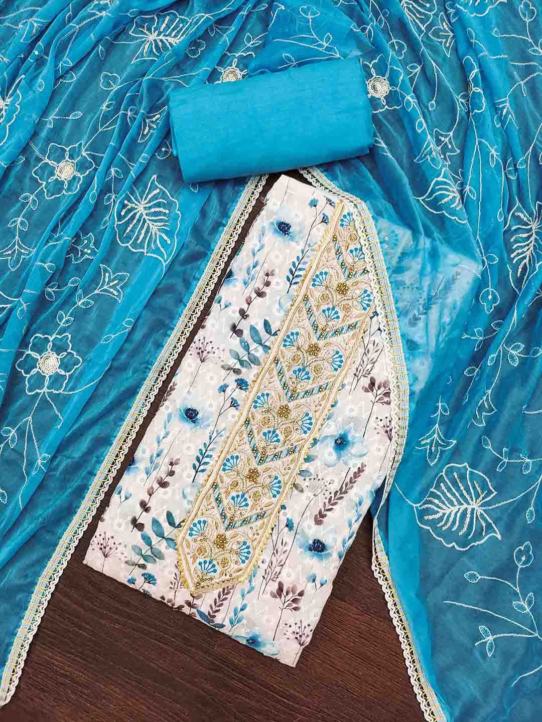 Blissta Floral Printed Beads & Stones Cambric Cotton Unstitched Dress Material-picture-33