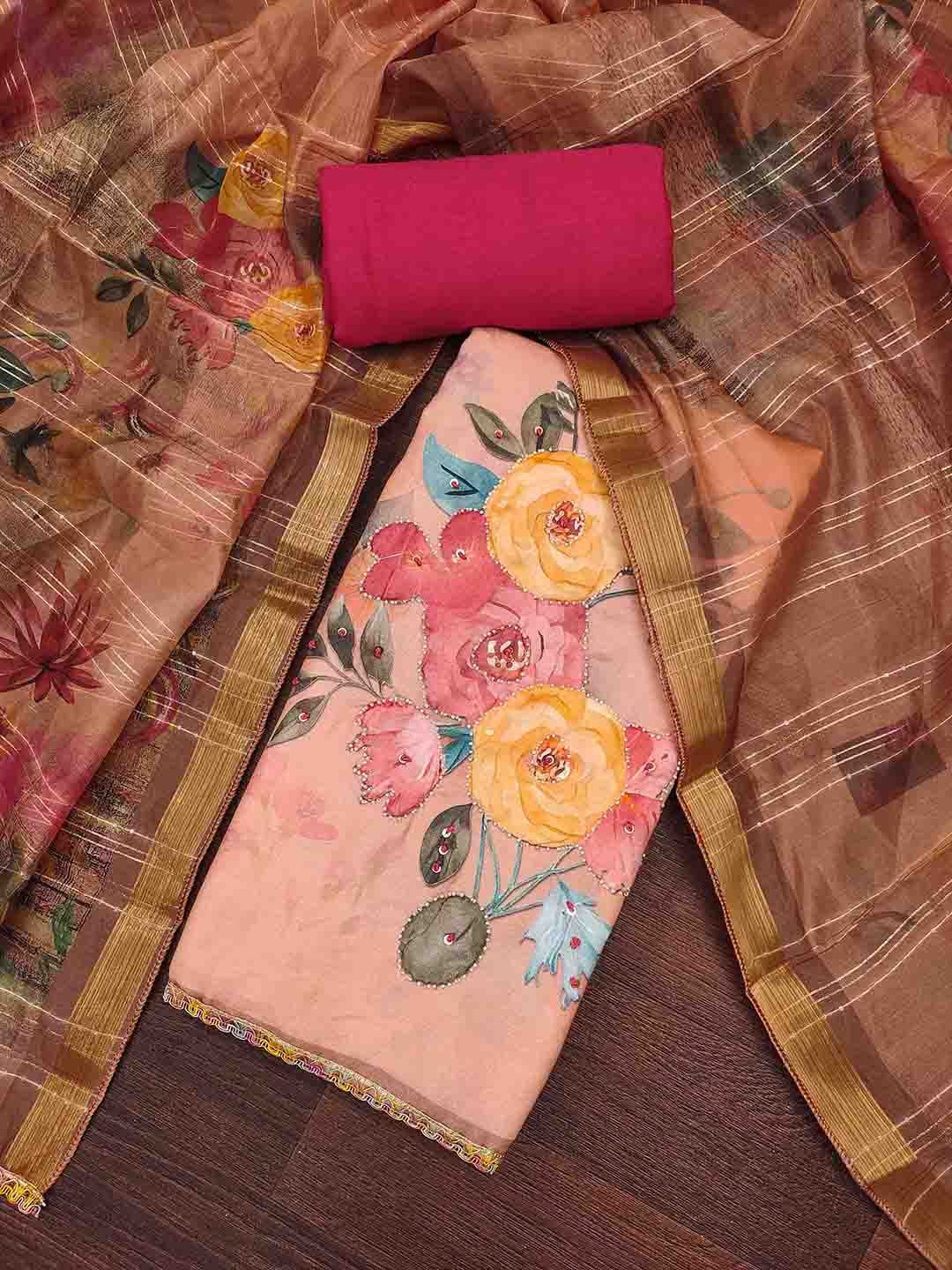 Blissta Floral Printed Stone Work Unstitched Dress Material-picture-15