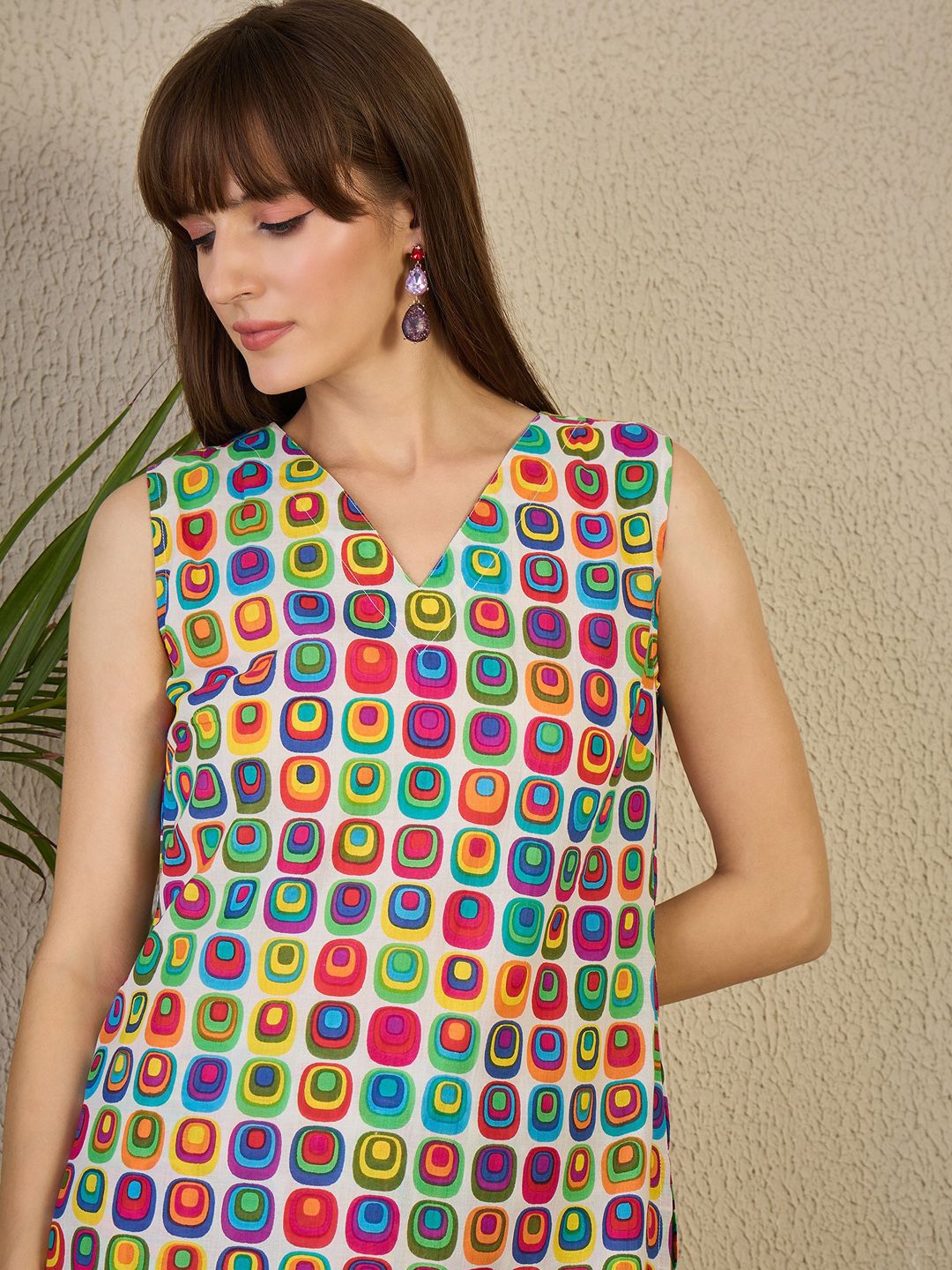 Indo Era Geometric Printed V-Neck Pure Cotton Kurta With Trousers