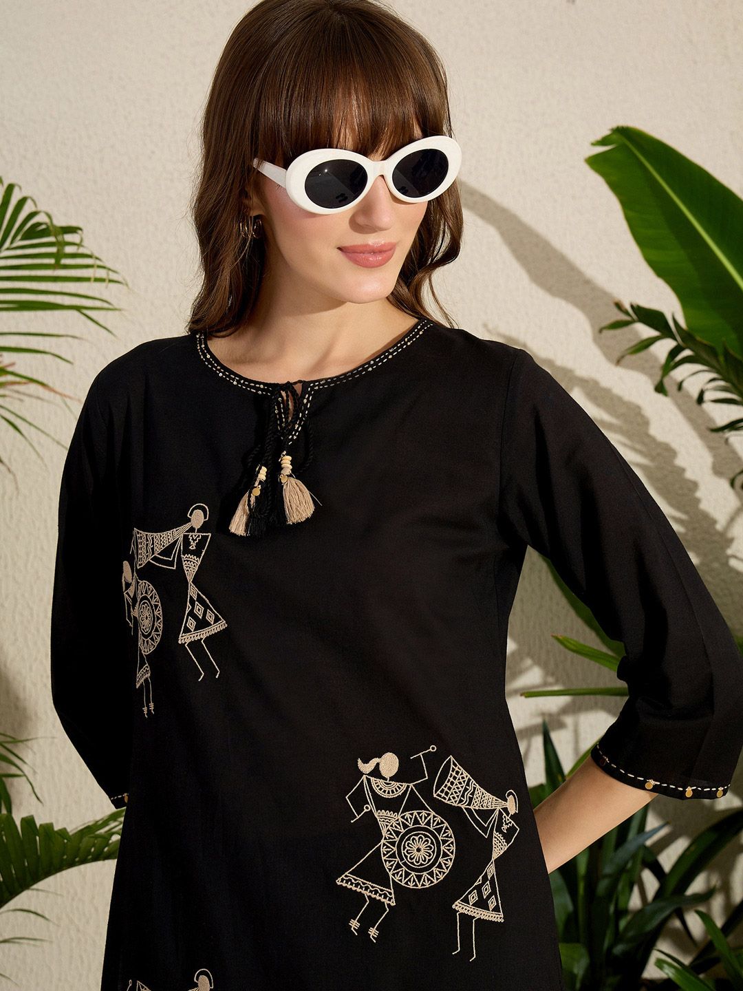 Indo Era Geometric Embroidered Tie-Up Neck Thread Work Pure Cotton Kurta & Trousers