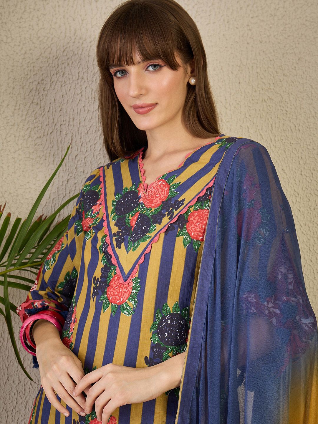 Indo Era Adults-Women Floral Printed Cotton A-Line Kurta with Trousers & Dupatta