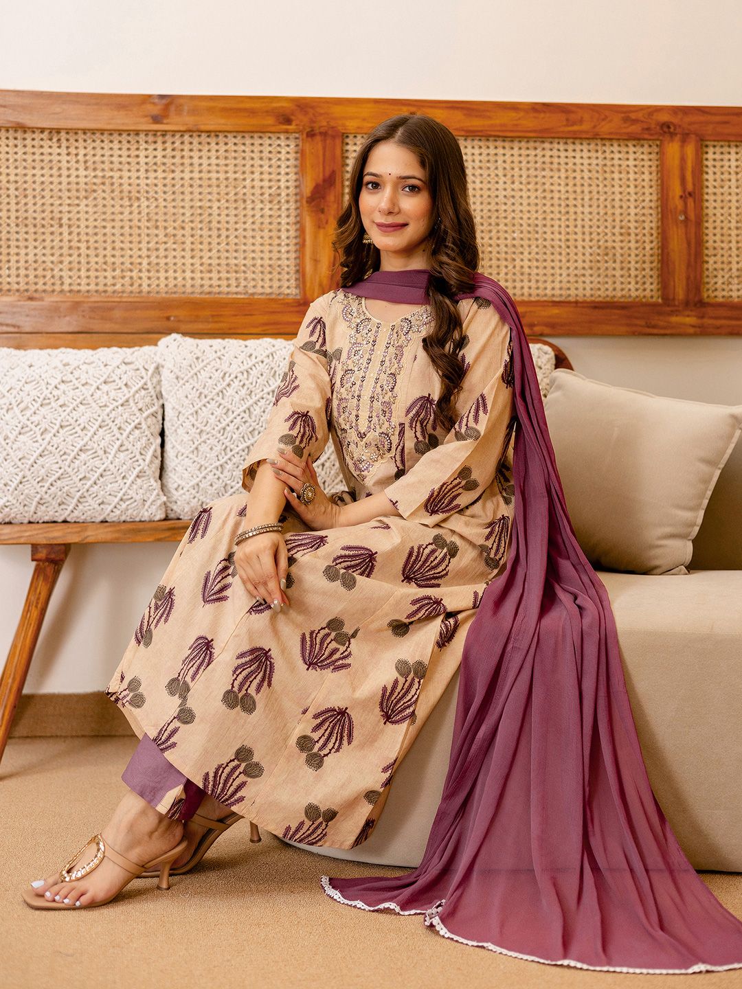 SKYLEE Floral Printed Sequinned A-Line Kurta With Trousers & Dupatta