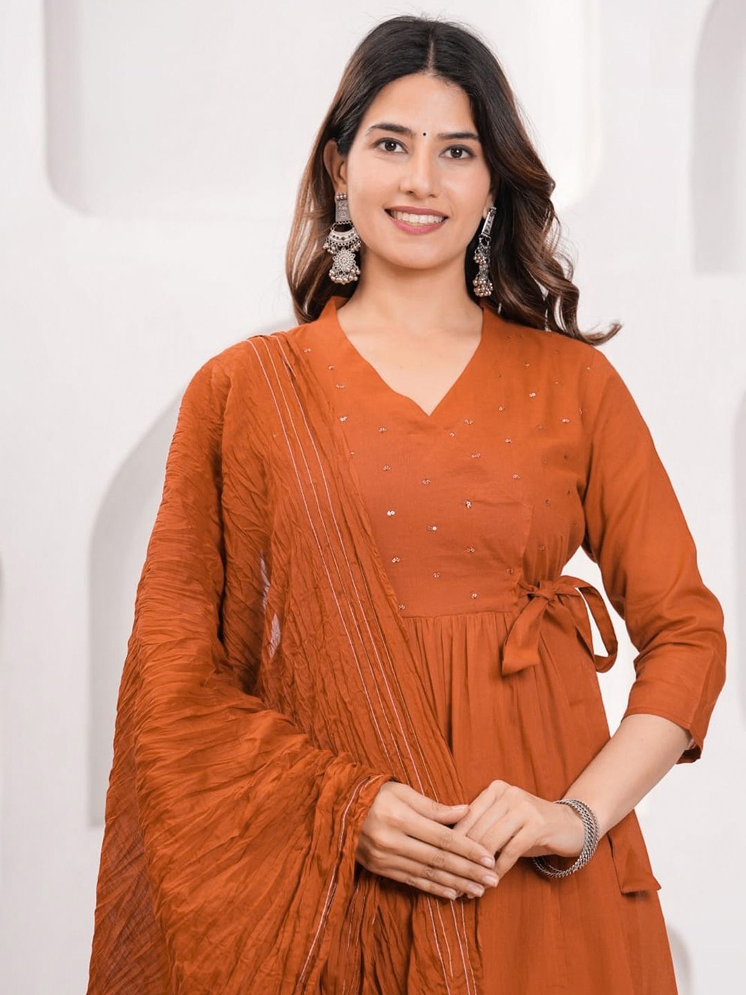 SKYLEE Women Ethnic Motifs Embroidered Sequinned Anarkali Kurta with Trousers & Dupatta