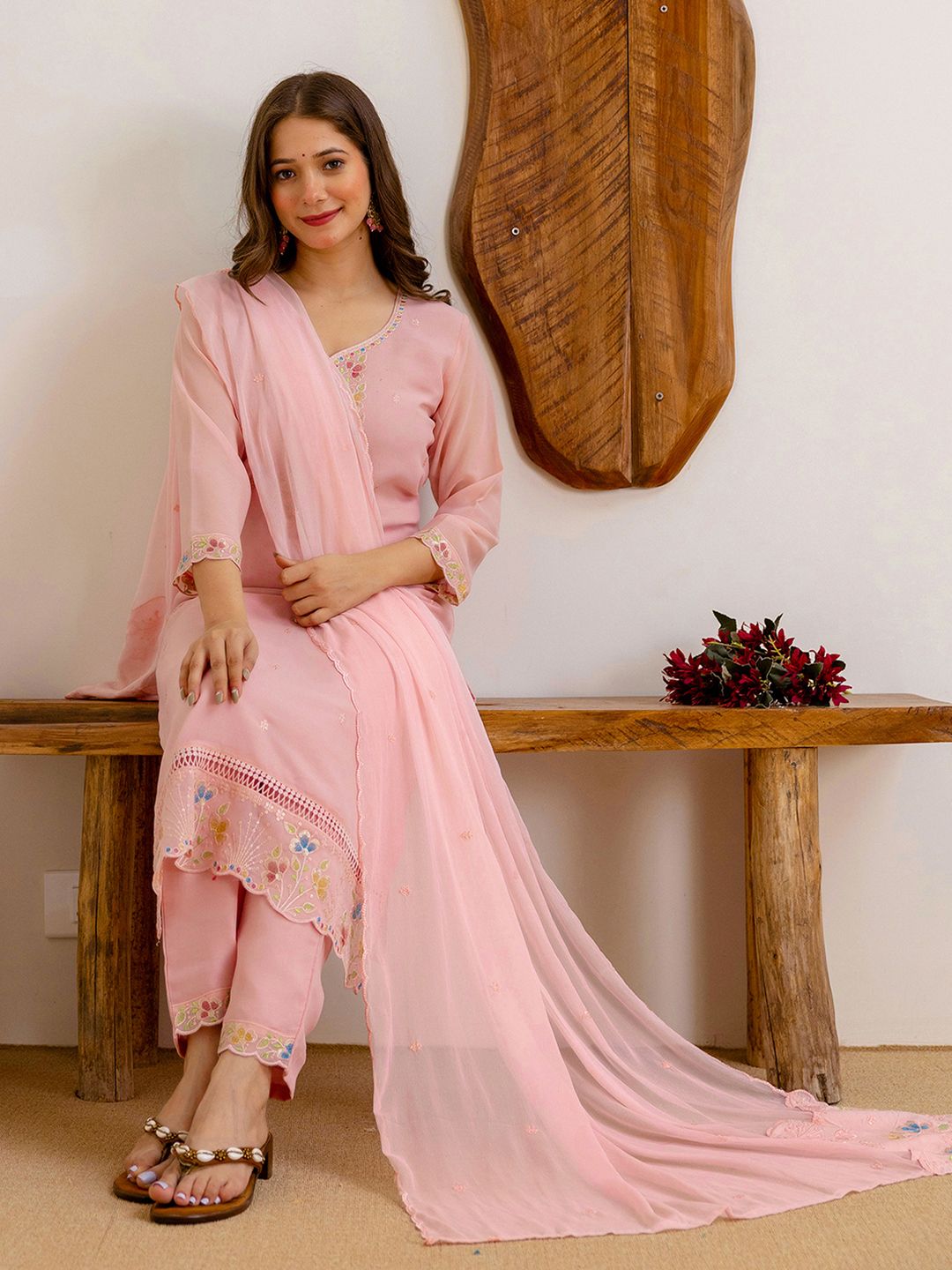SANISA Embroidered V-Neck Thread Work Georgette Straight Kurta With Trousers & Dupatta