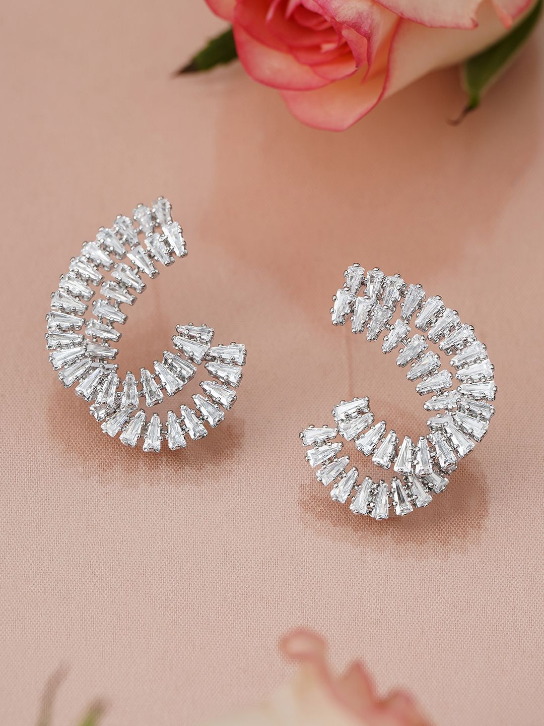 Rubans Rhodium-Plated White Cubic Zirconia Studded Spiral Design Stud Earrings-picture-29
