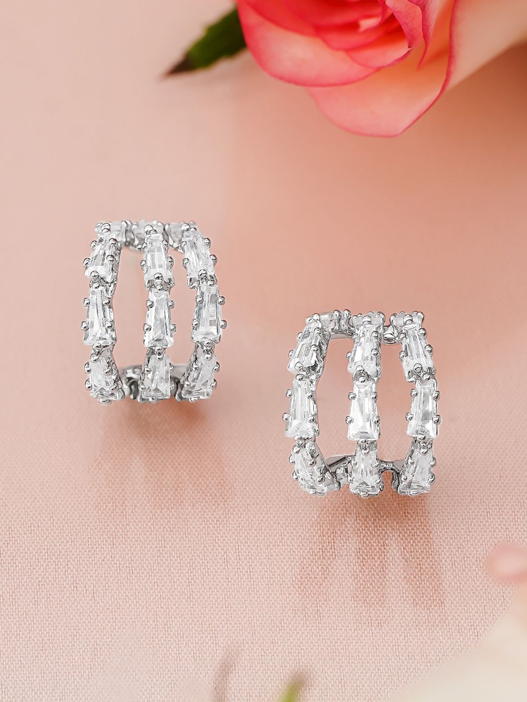 Rubans Rhodium-Plated Triple Row Baguette Cubic Zirconia Studded Half Hoop Earrings-picture-10