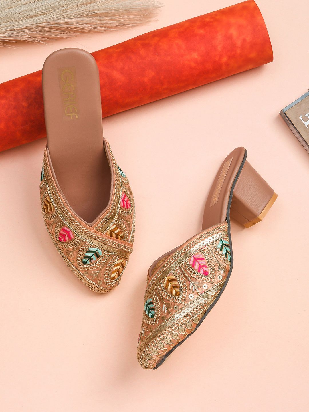 GERIEF Women Embellished Pointed Toe Block Heel Mules-image-18