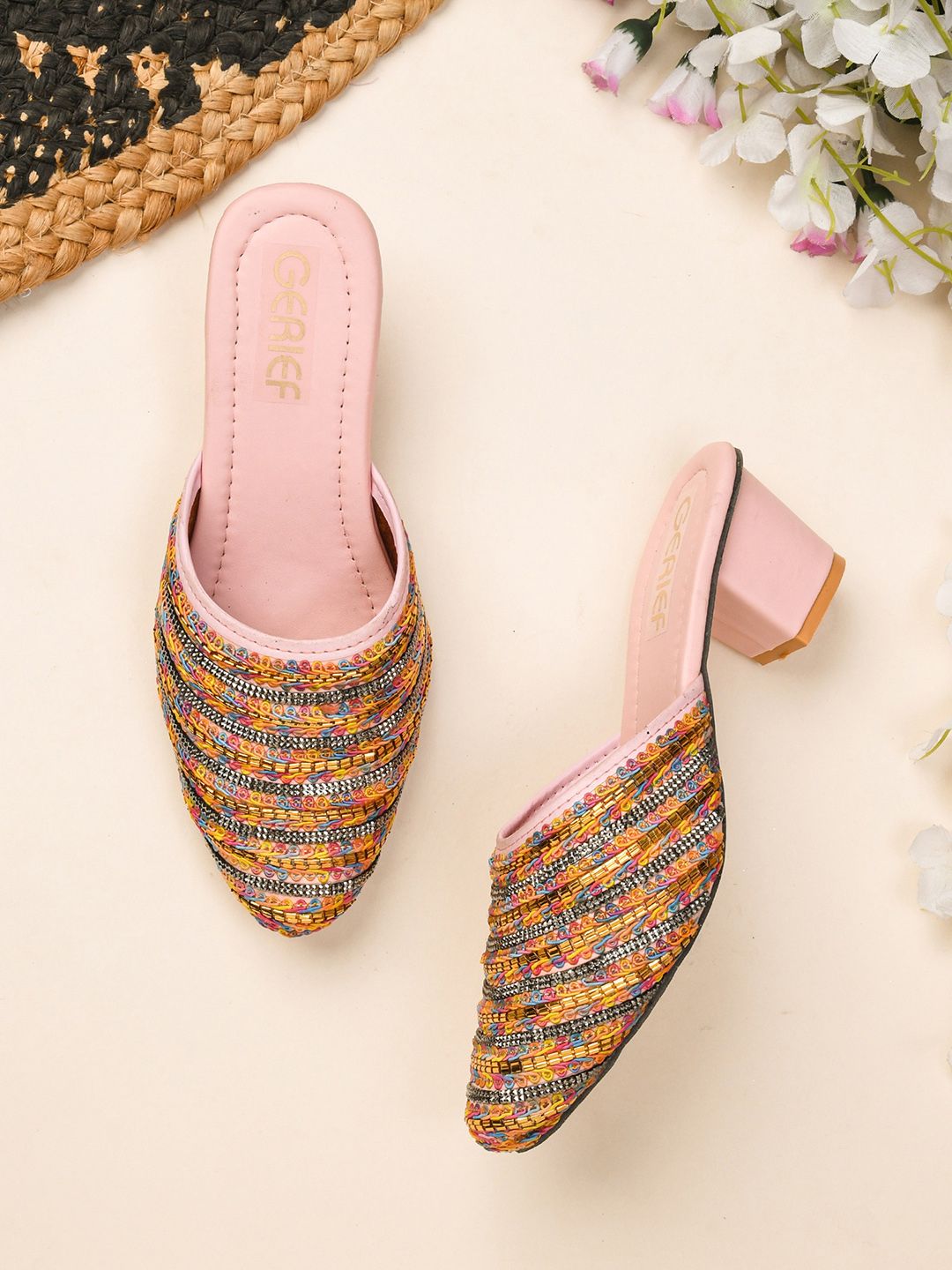 GERIEF Women Embellished Pointed Toe Party Block Heels Mules-picture-19