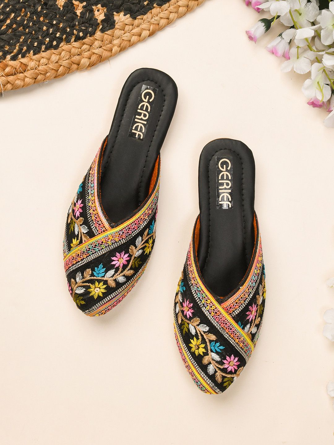 GERIEF Women Ethnic Embroidered Peep Toe Mojaris Flats with Ethnic - Embellished-image-16