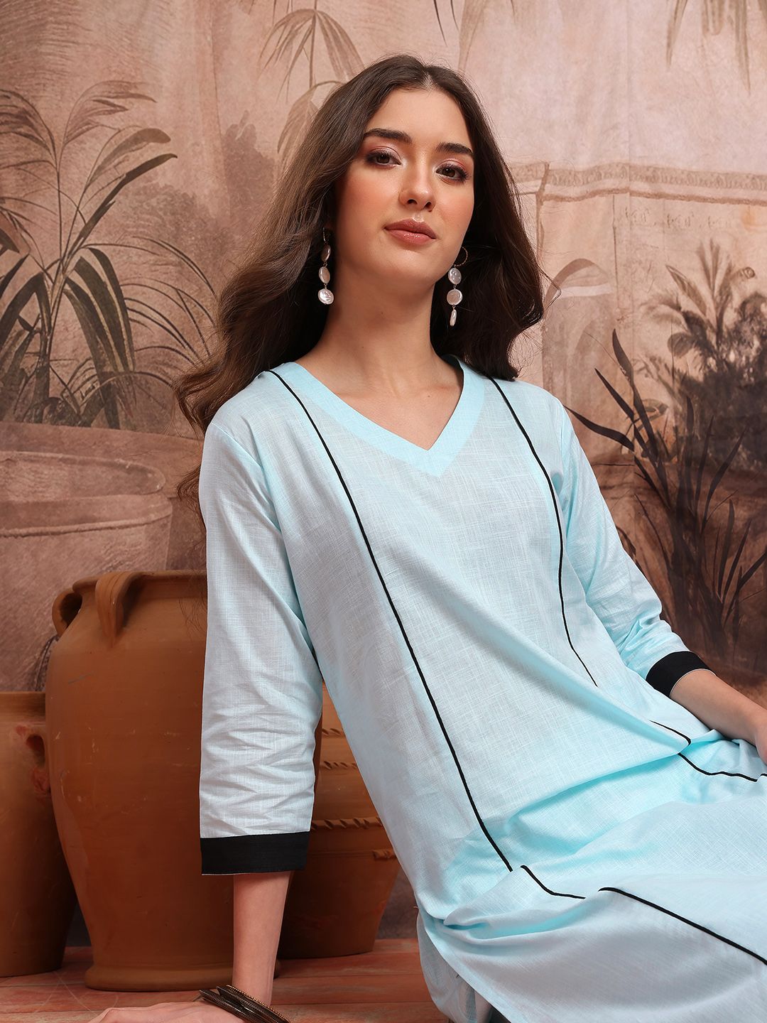 Sangria Women Striped Pure Cotton Kurta with Palazzos-image-48