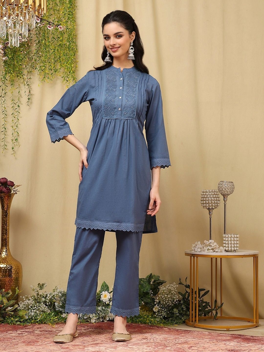 Nayam By Lakshita Women Pure Cotton Embroidered Kurta Set with Palazzo