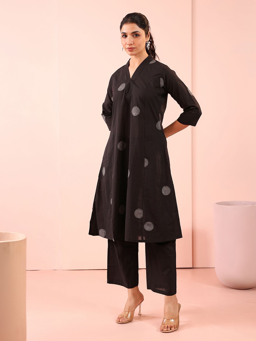 Anouk Rustic Women Polka Dot Printed V Neck Pure Cotton A-Line Kurta with Palazzos