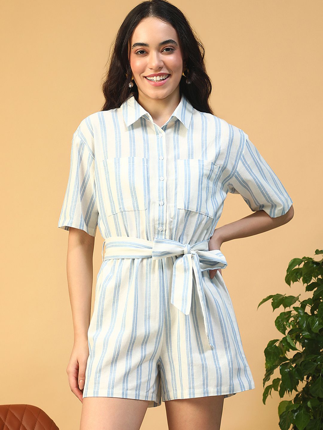 Oxolloxo Striped Elasticated With Tie-Up Belt Short Sleeve Collared Cotton Playsuit-image-35