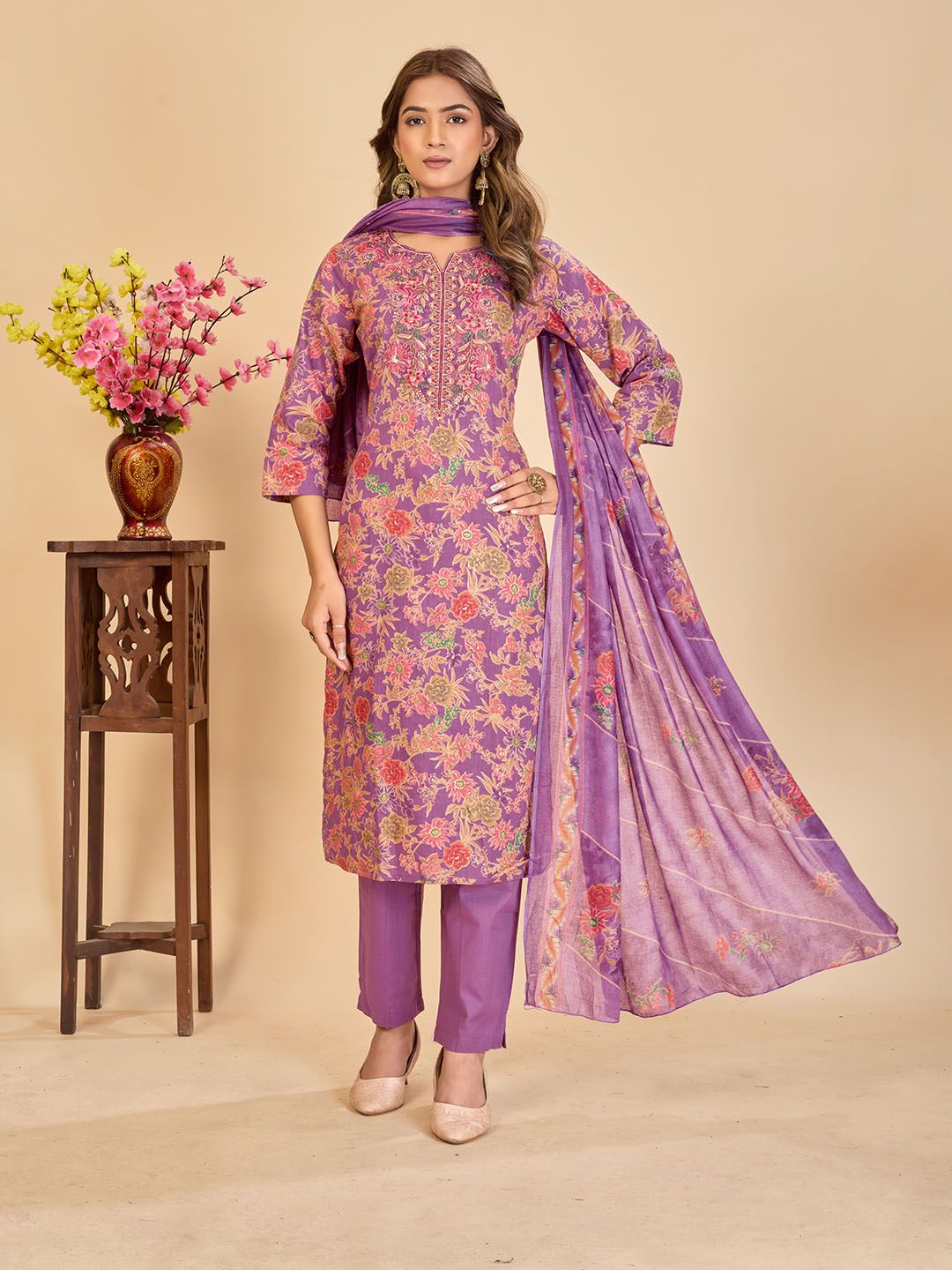 Larqi Women Floral Printed Pure Cotton Kurta with Trousers & Dupatta