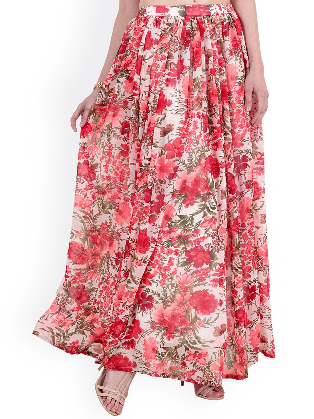 SCORPIUS Peach Solid Flared Maxi Skirt-image-41