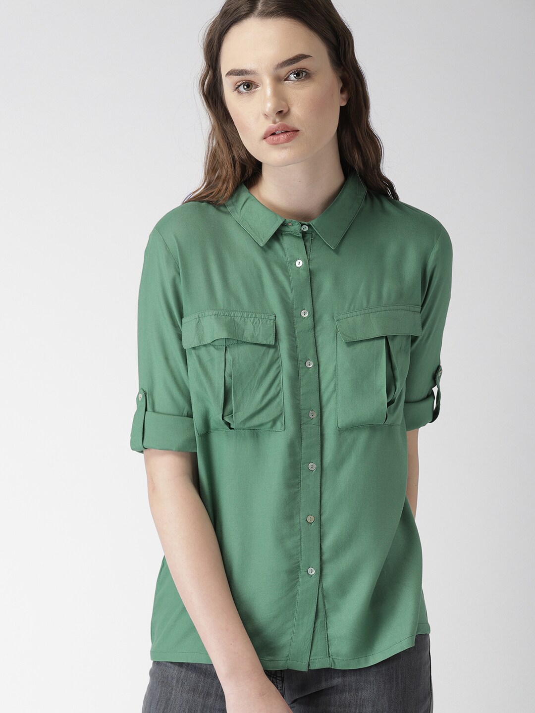 Mast & Harbour Women Green Regular Fit Solid Casual Shirt