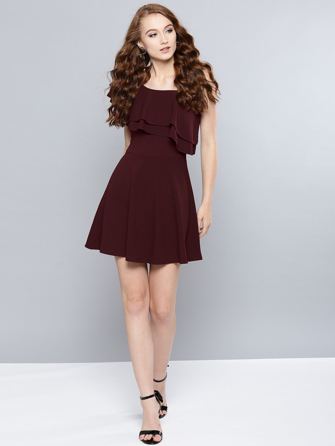 Veni Vidi Vici Women Burgundy Solid One-Shoulder Fit and Flare Dress view 3