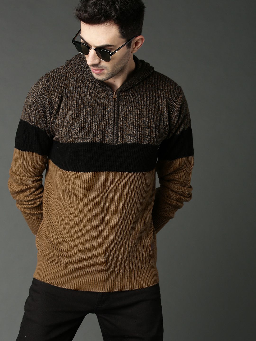 Roadster Men Brown & Black Colourblocked Hooded Pullover-picture-50