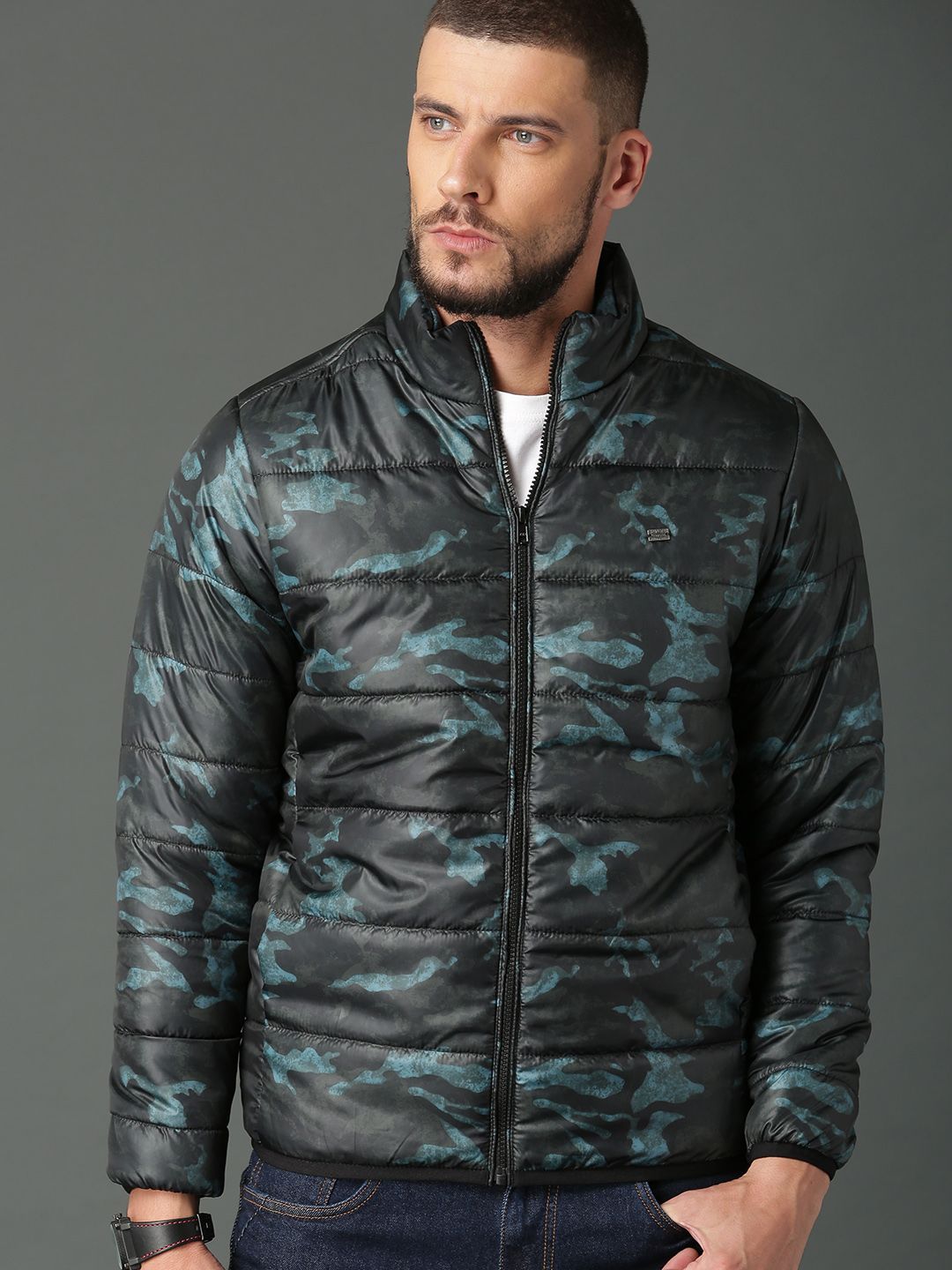 Roadster Men Navy Blue Printed Puffer Jacket