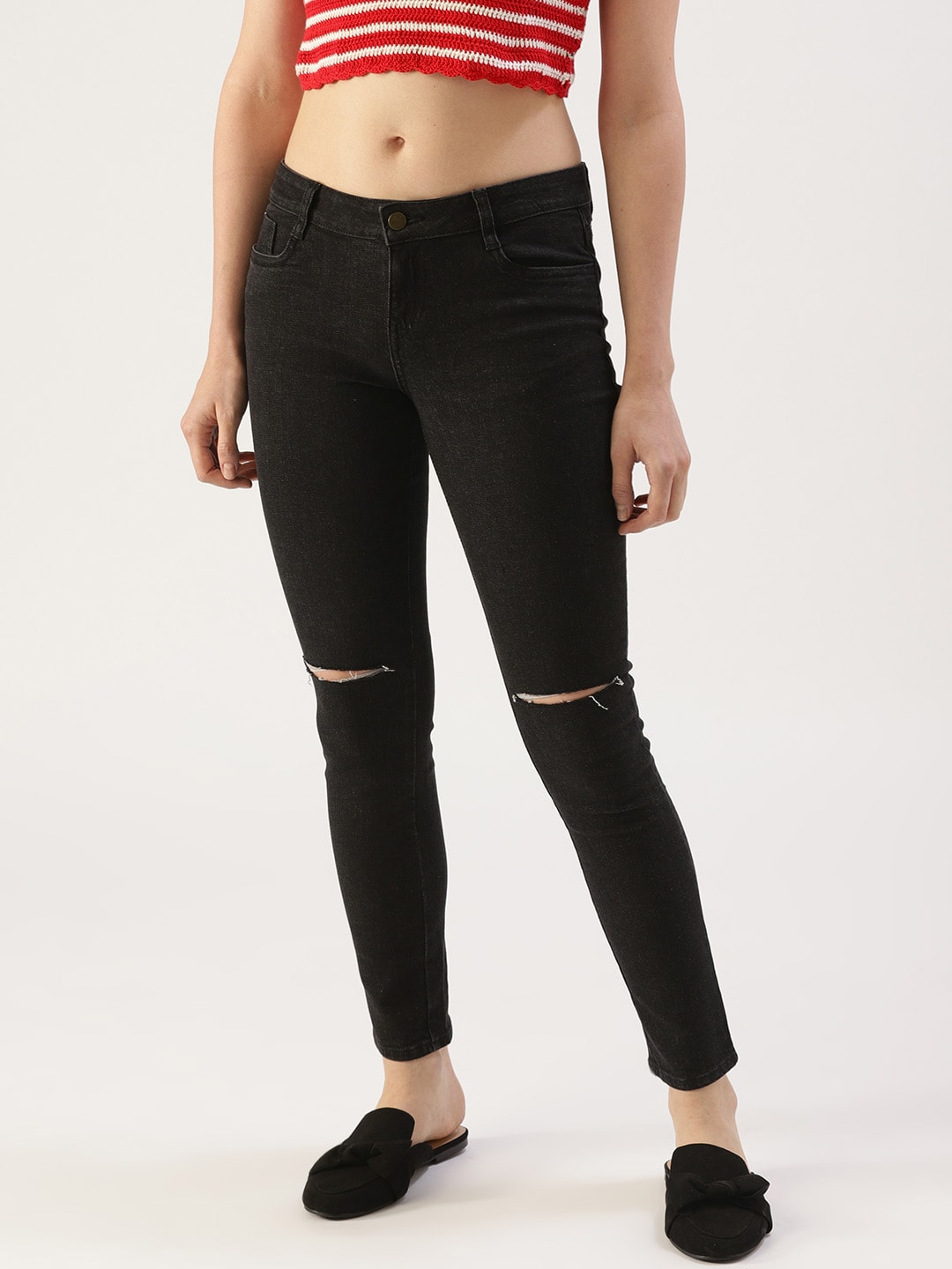 DressBerry Women Black Skinny Fit Mid-Rise Slash Knee Stretchable Jeans