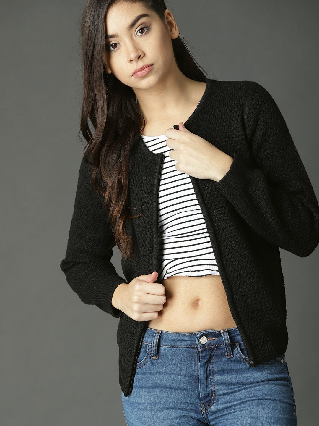 Roadster Women Black Self Design Cardigan-image-38