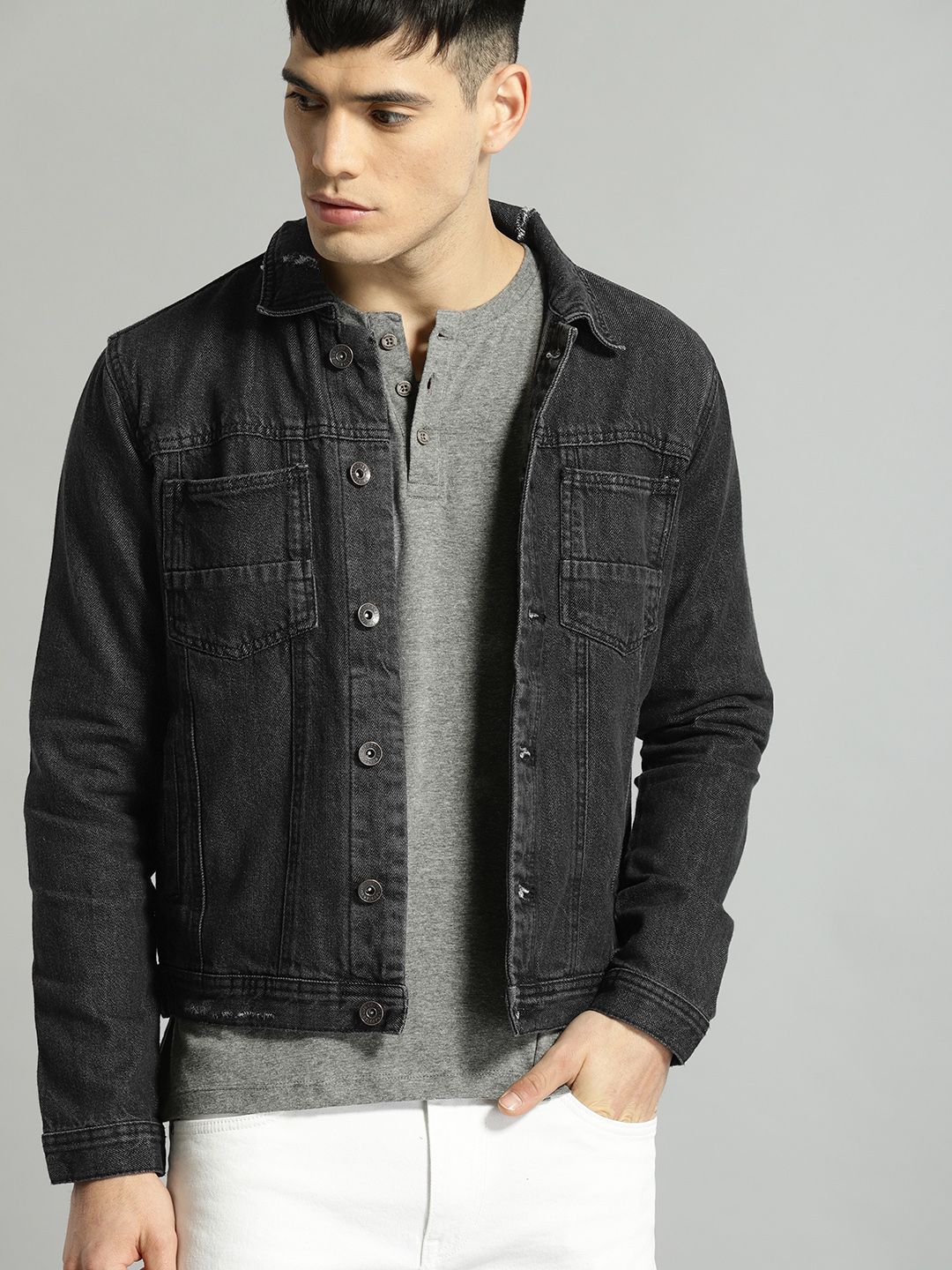 Buy Roadster Roadster Men Black Solid Denim Jacket at Redfynd