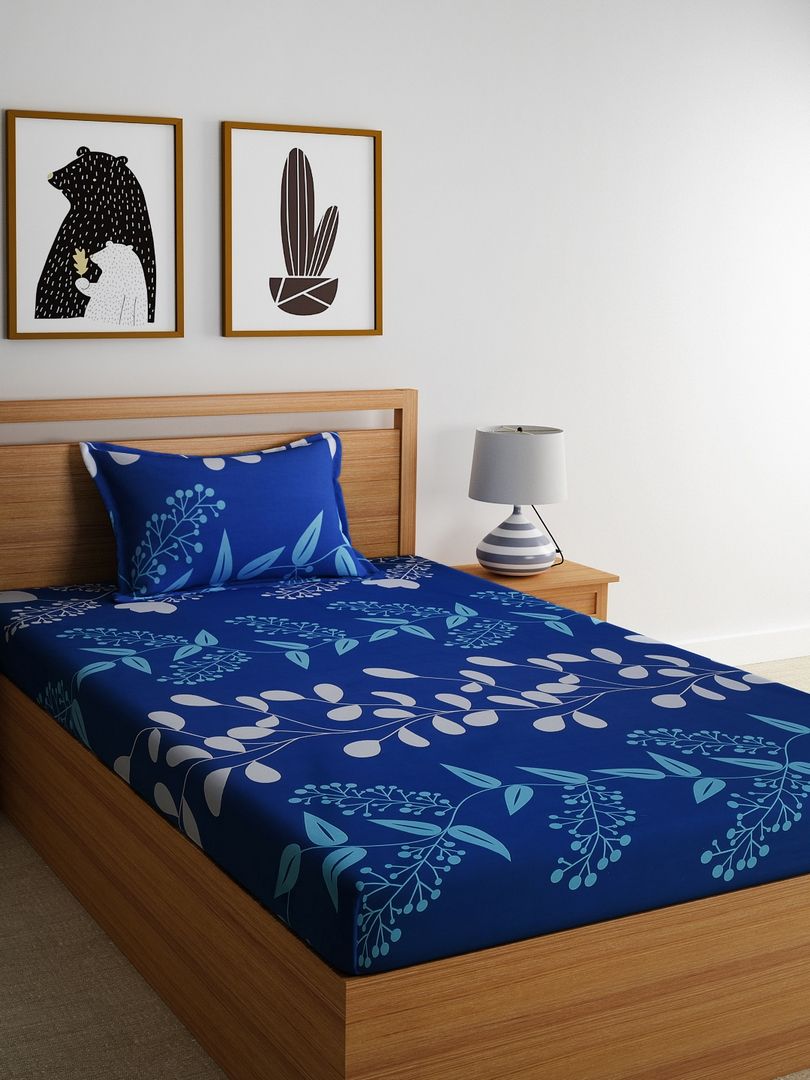 Home Ecstasy Blue Floral Flat 140 TC Cotton 1 Single Bedsheet with 1 Pillow Covers-picture-13