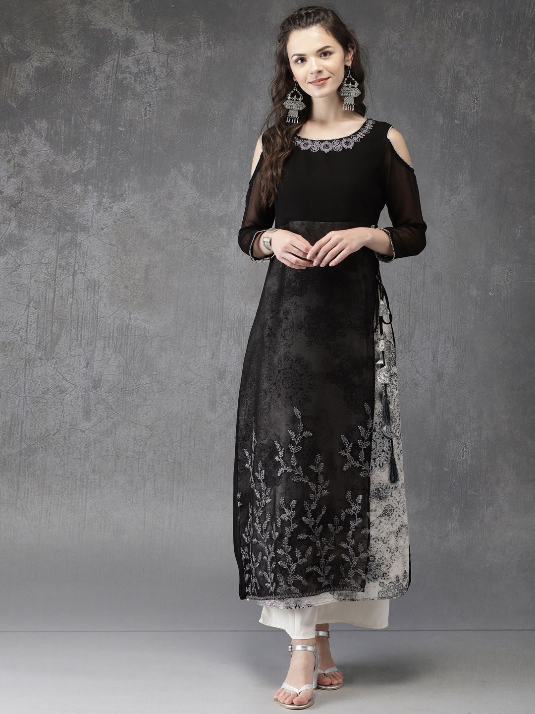 Anouk Women Black Embroidered Cold-shoulder A-Line Layered Kurta