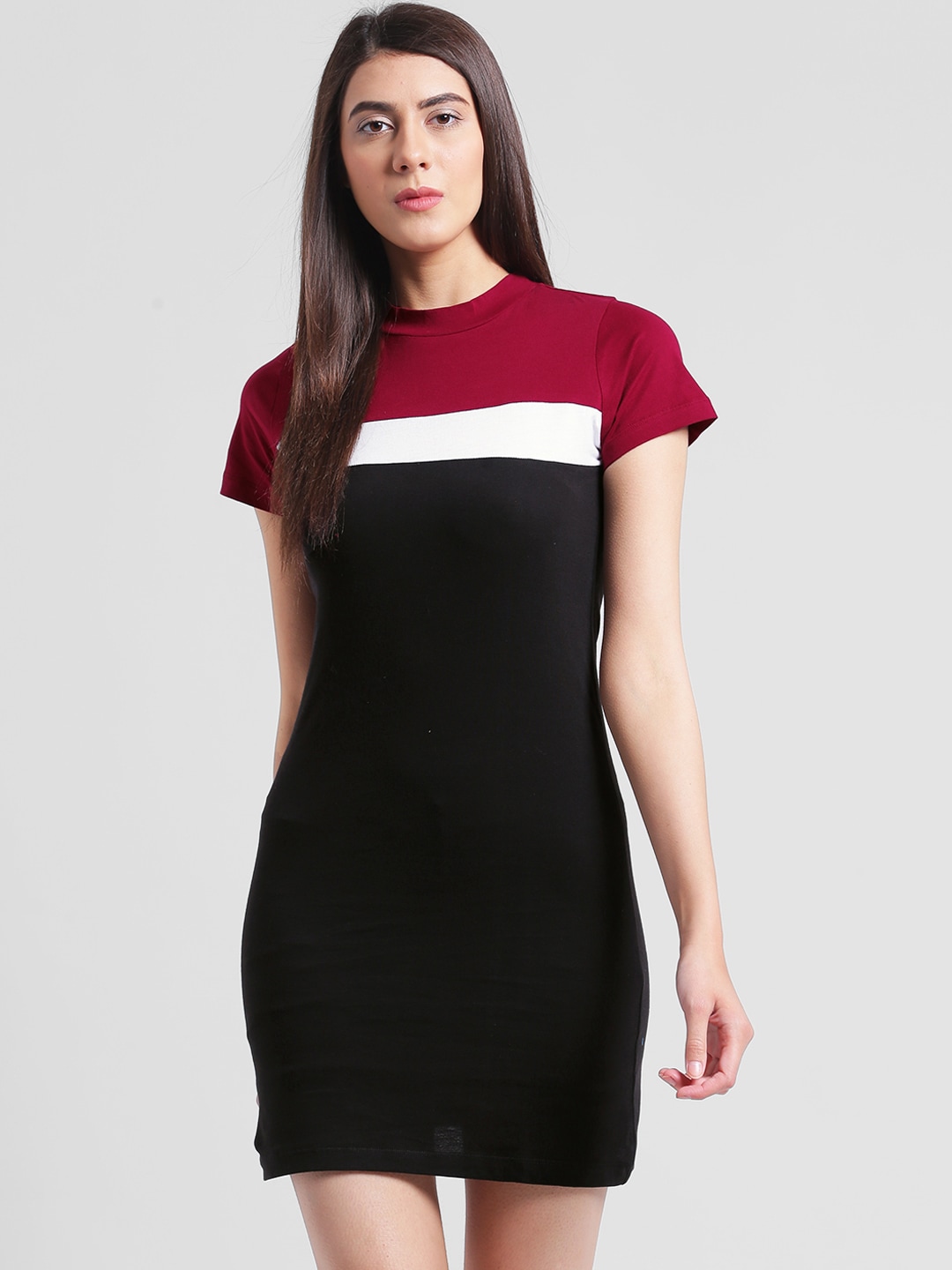 Rigo Black & Maroon Colourblocked Knitted T-shirt Dress