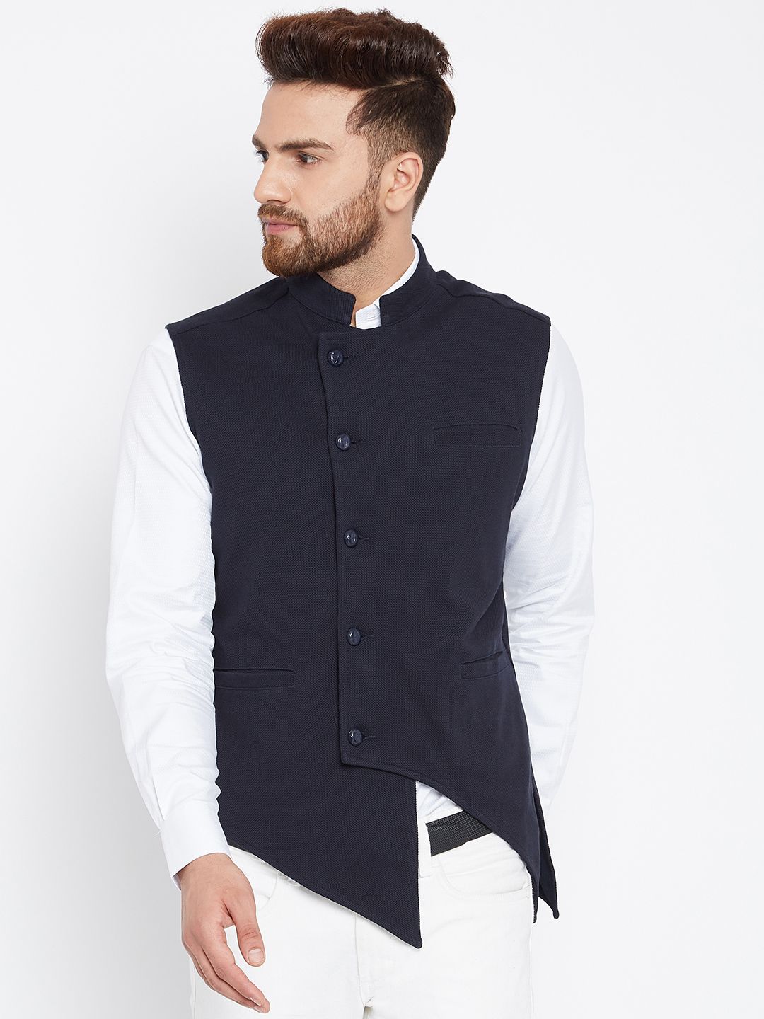 Hypernation Men Navy Blue Woven Design Pure Cotton Nehru Jacket-image-43