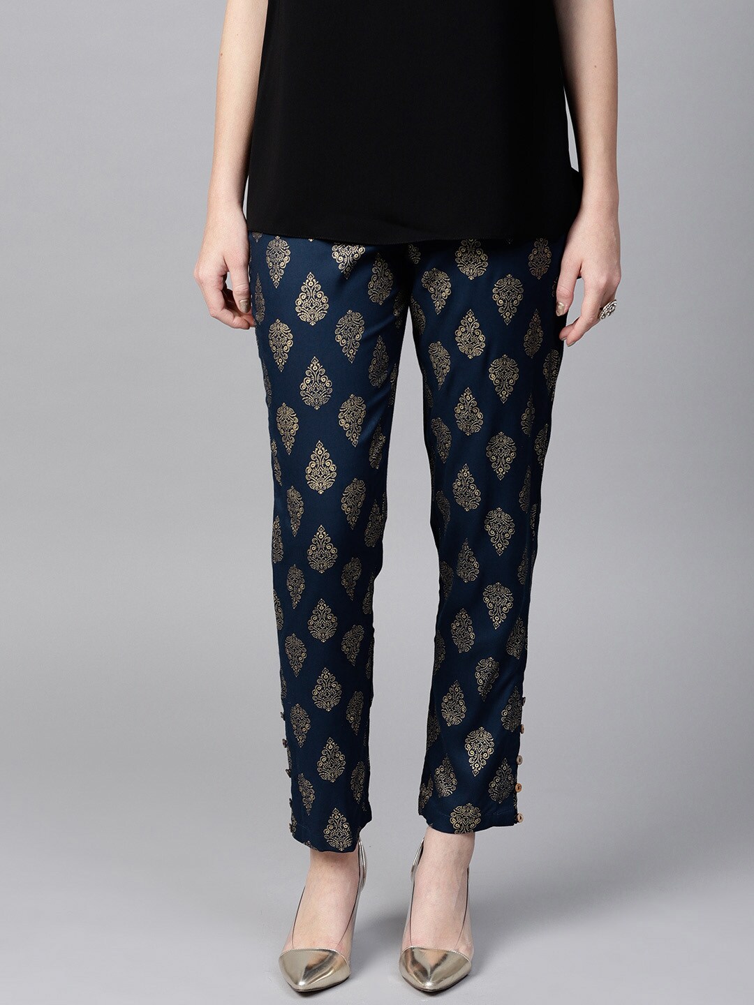 SASSAFRAS Women Navy Blue & Golden Tapered Fit Printed Trousers