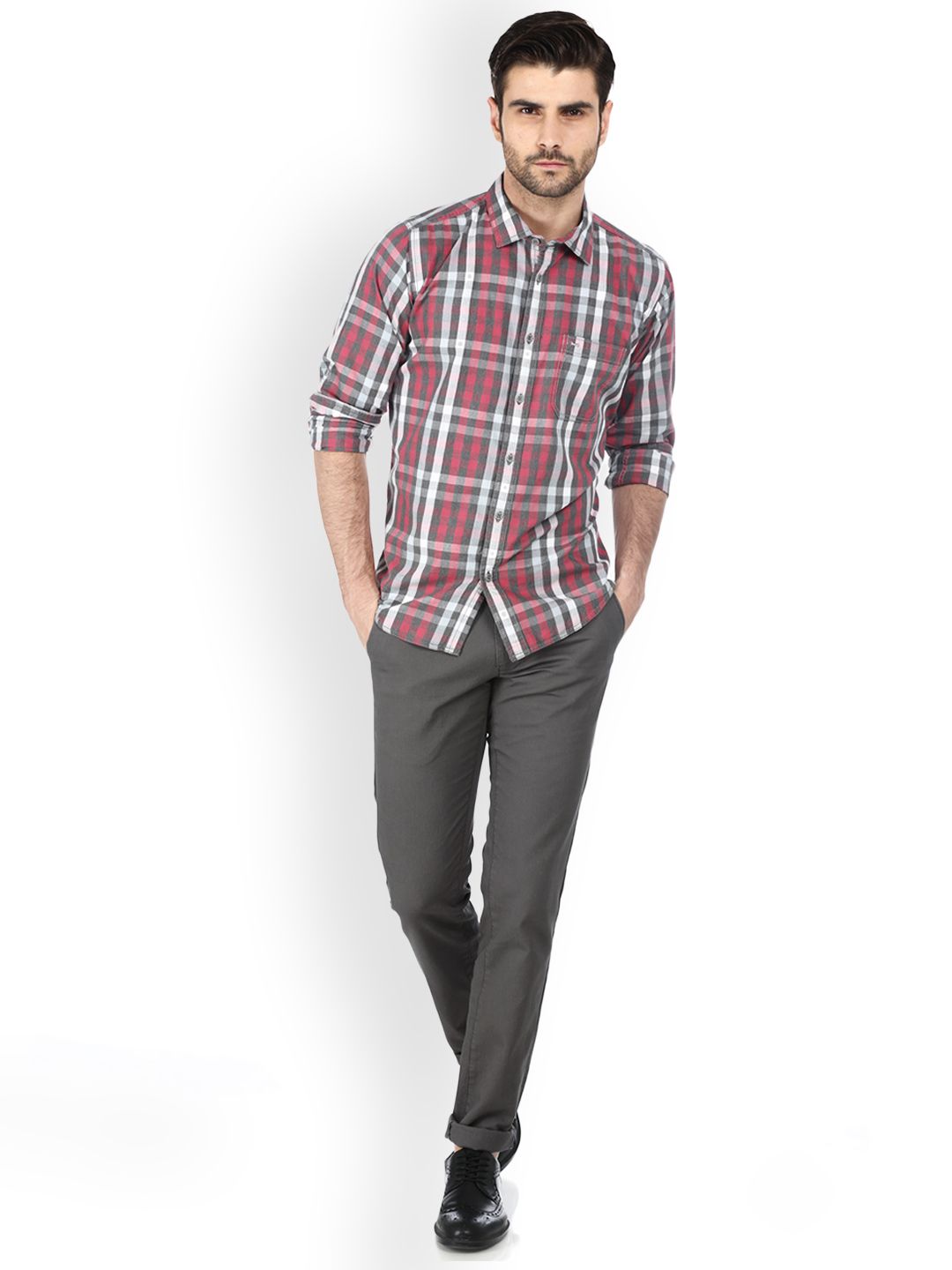 Buy Basics Men Grey Tapered Fit Self Design Regular Trousers - Trousers ...