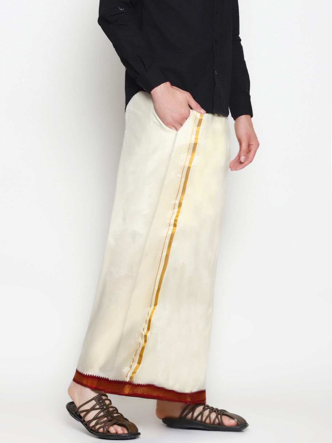 Sethukrishna Men Off-White Solid Double Layer Readymade Dhoti With Pocket-picture-17