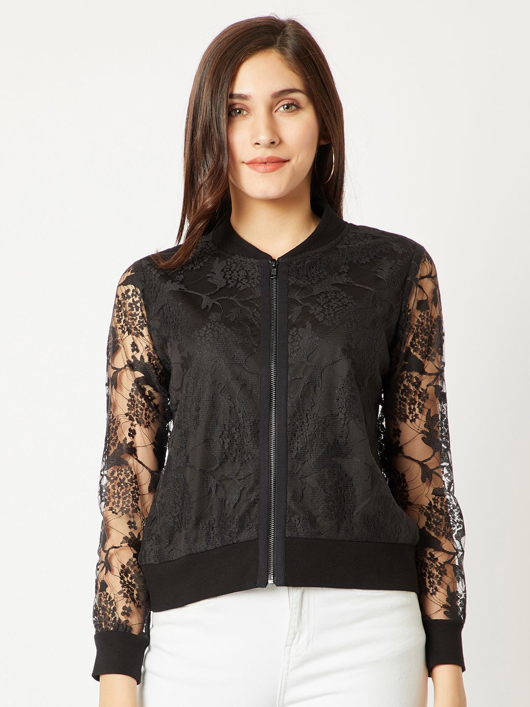 Miss Chase Women Black Self Design Lightweight Bomber-picture-11