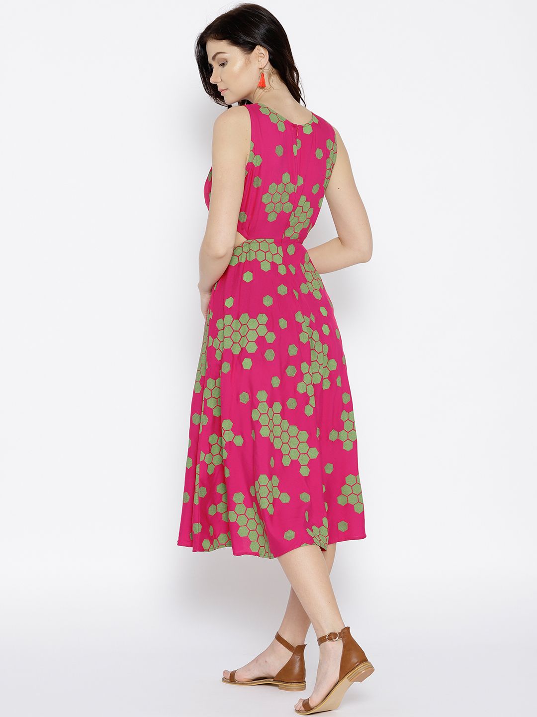 MABISH by Sonal Jain Women Pink & Green Printed Midi Fit & Flare Dress