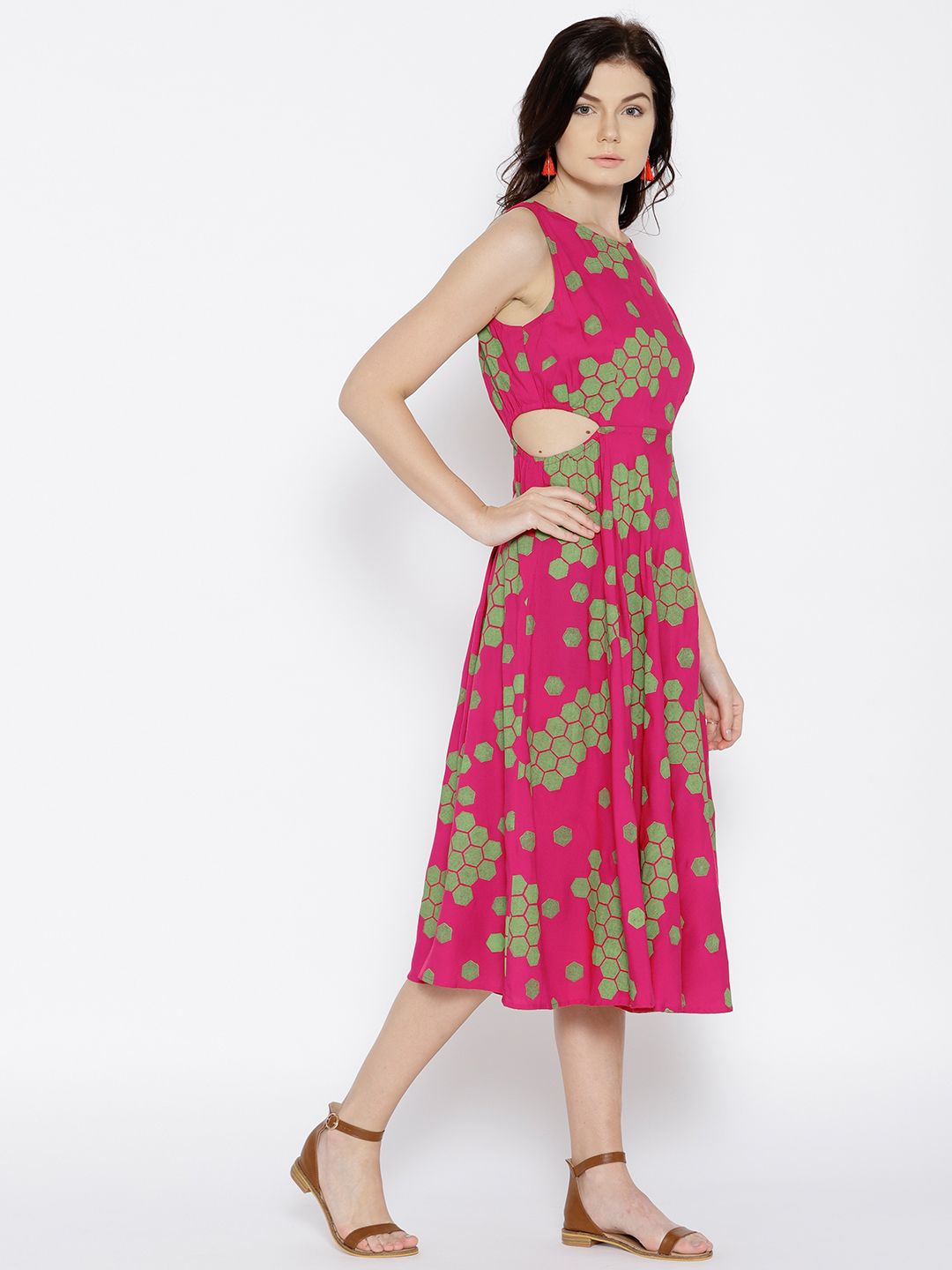 MABISH by Sonal Jain Women Pink & Green Printed Midi Fit & Flare Dress