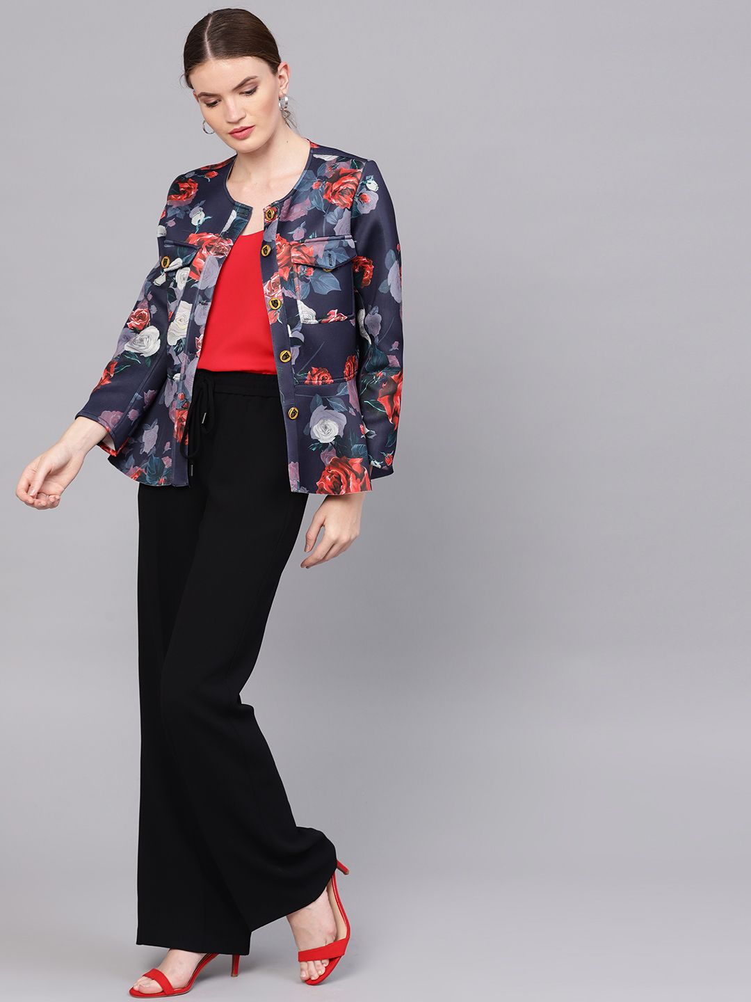 Zima Leto Women Navy Blue & Red Single-Breasted Printed Casual Blazer-image-33