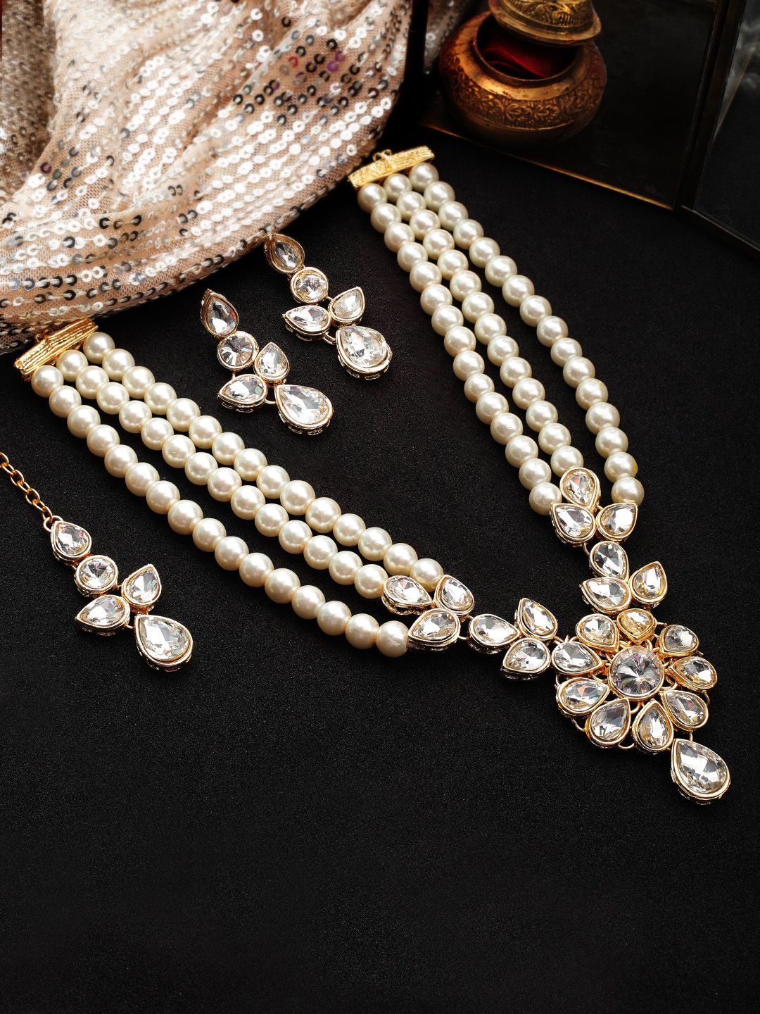 Rubans Gold-Plated & White Kundan & Pearl Studded Jewellery Set