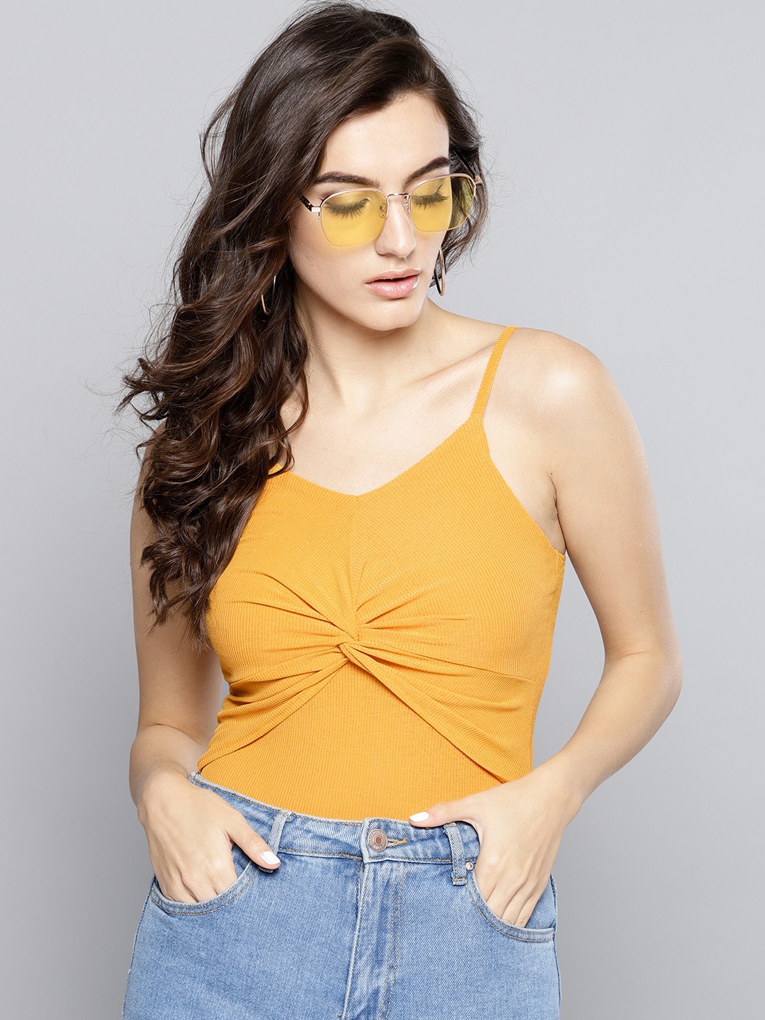 Veni Vidi Vici Women Mustard Yellow Solid Twisted Cropped Fitted Top