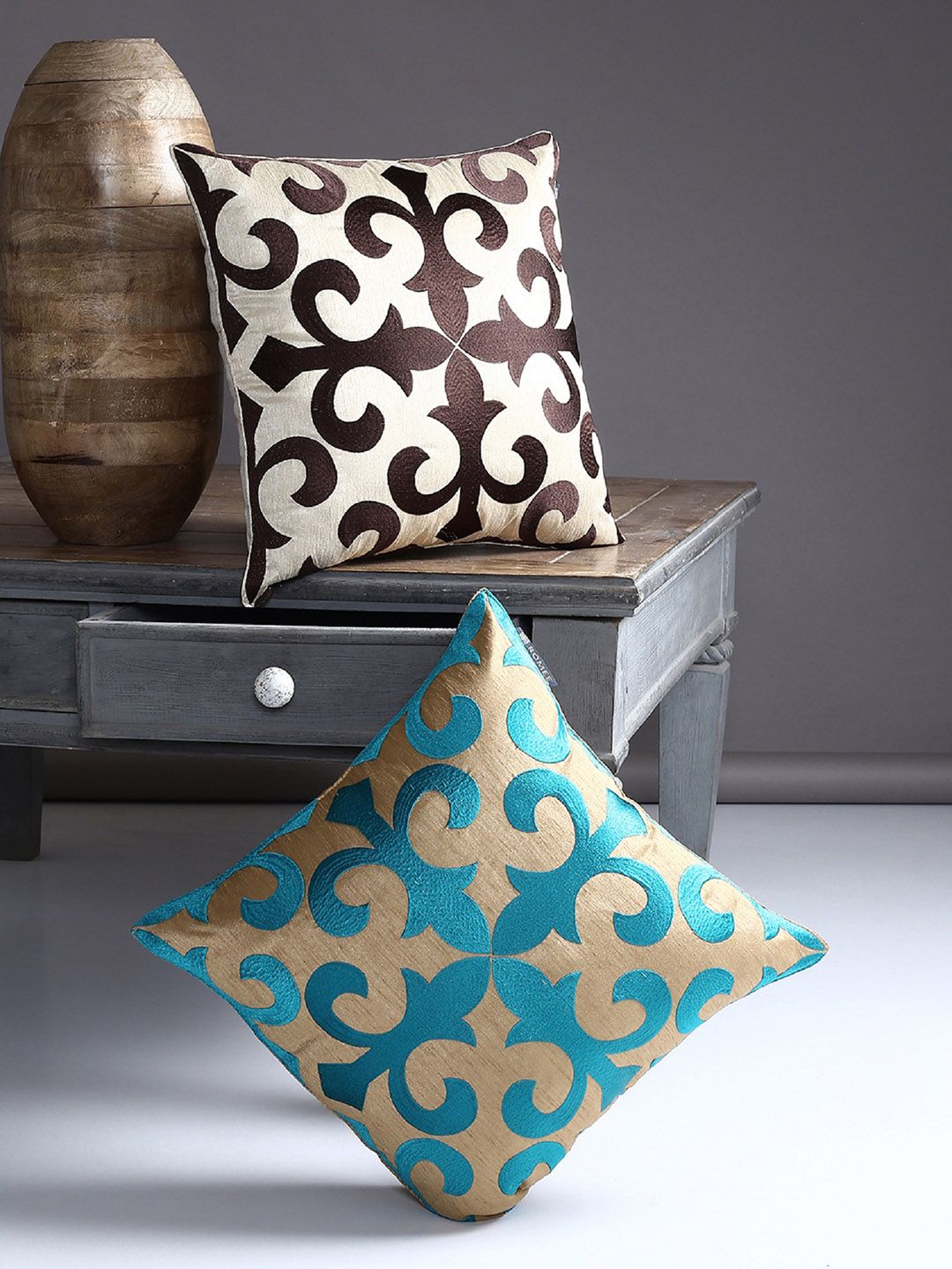 ROMEE Brown & Turquoise Blue Set of 2 Ethnic Motifs Square Cushion Covers-picture-13