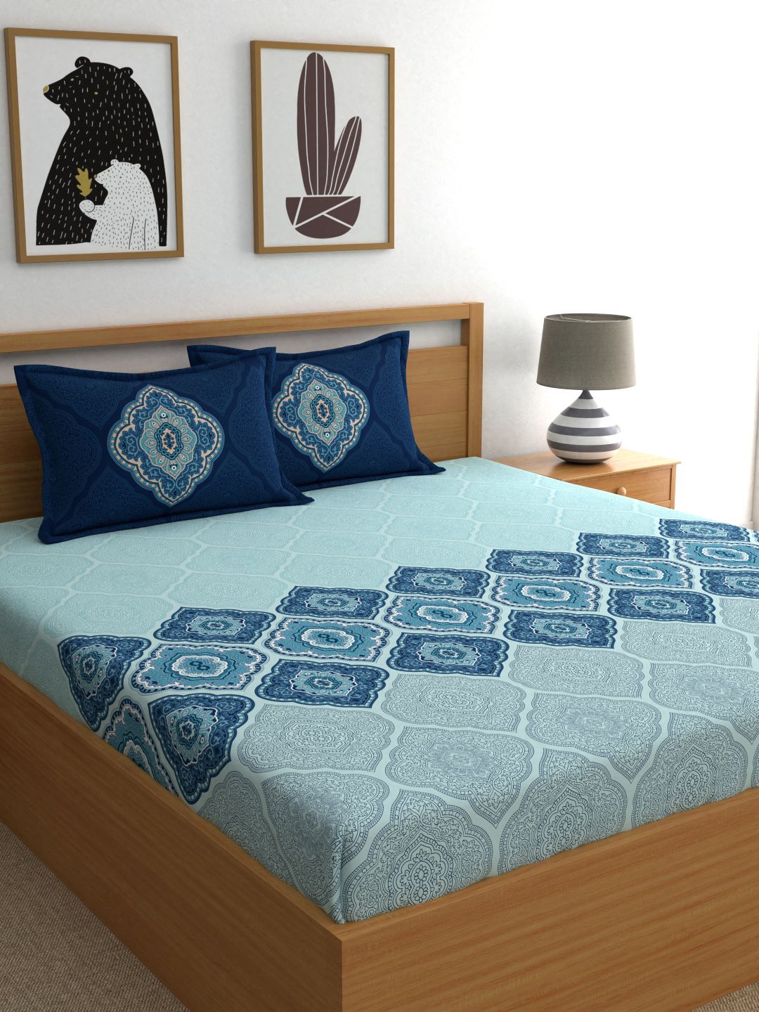 Dreamscape Blue Ethnic 144 TC Cotton 1 Queen Bedsheet with 2 Reversibl