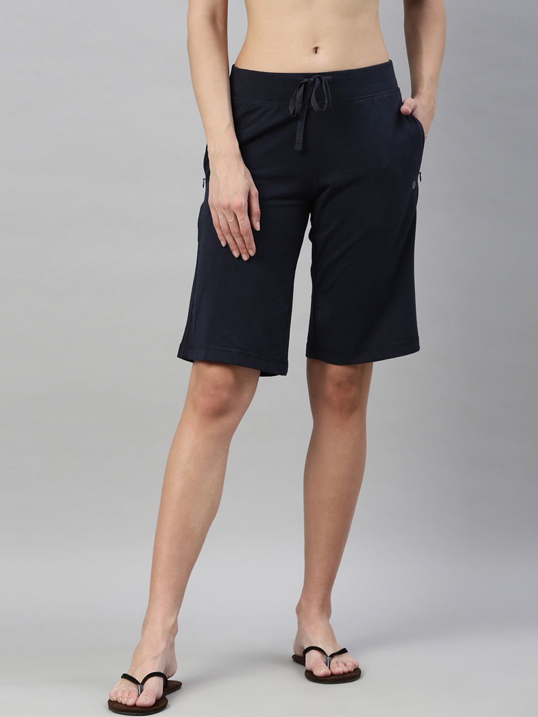 Enamor E044 Mid-Rise Stretch Cotton City Shorts for Women with Zipper Pockets-picture-13