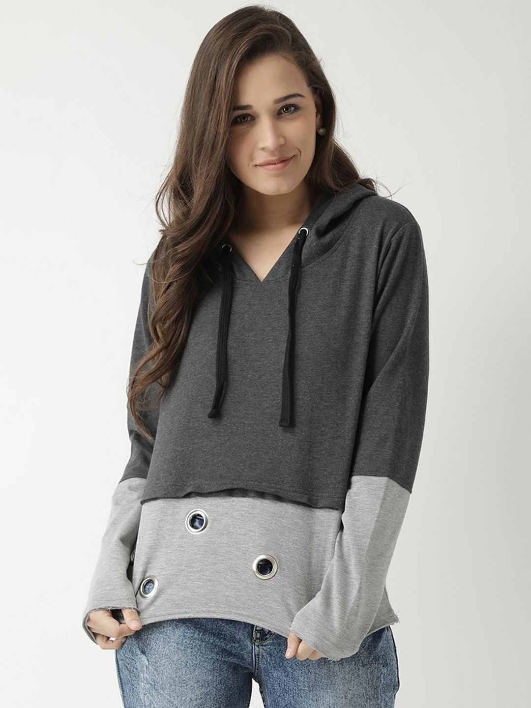 Club York Women Charcoal & Grey Colourblocked Hooded Sweatshirt-picture-20