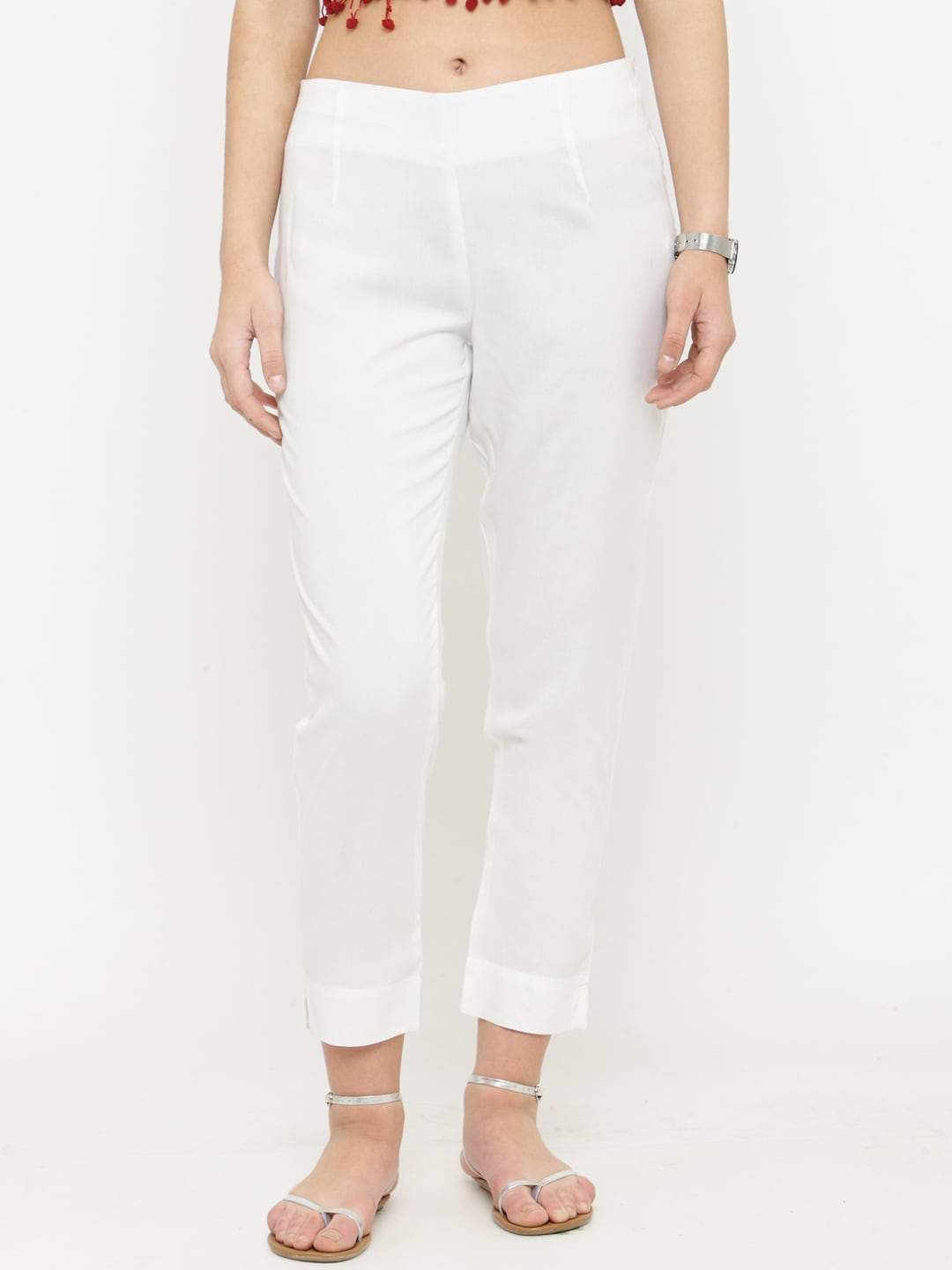 Varanga Women White Straight Fit Solid Regular Trousers