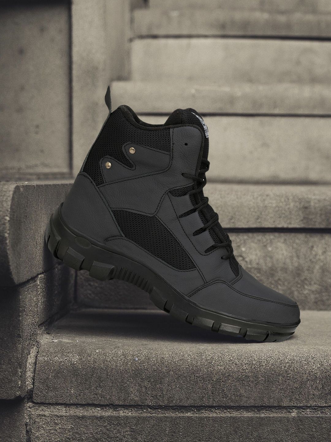 Eego Italy Men Black Leather High-Top Trekking Shoes