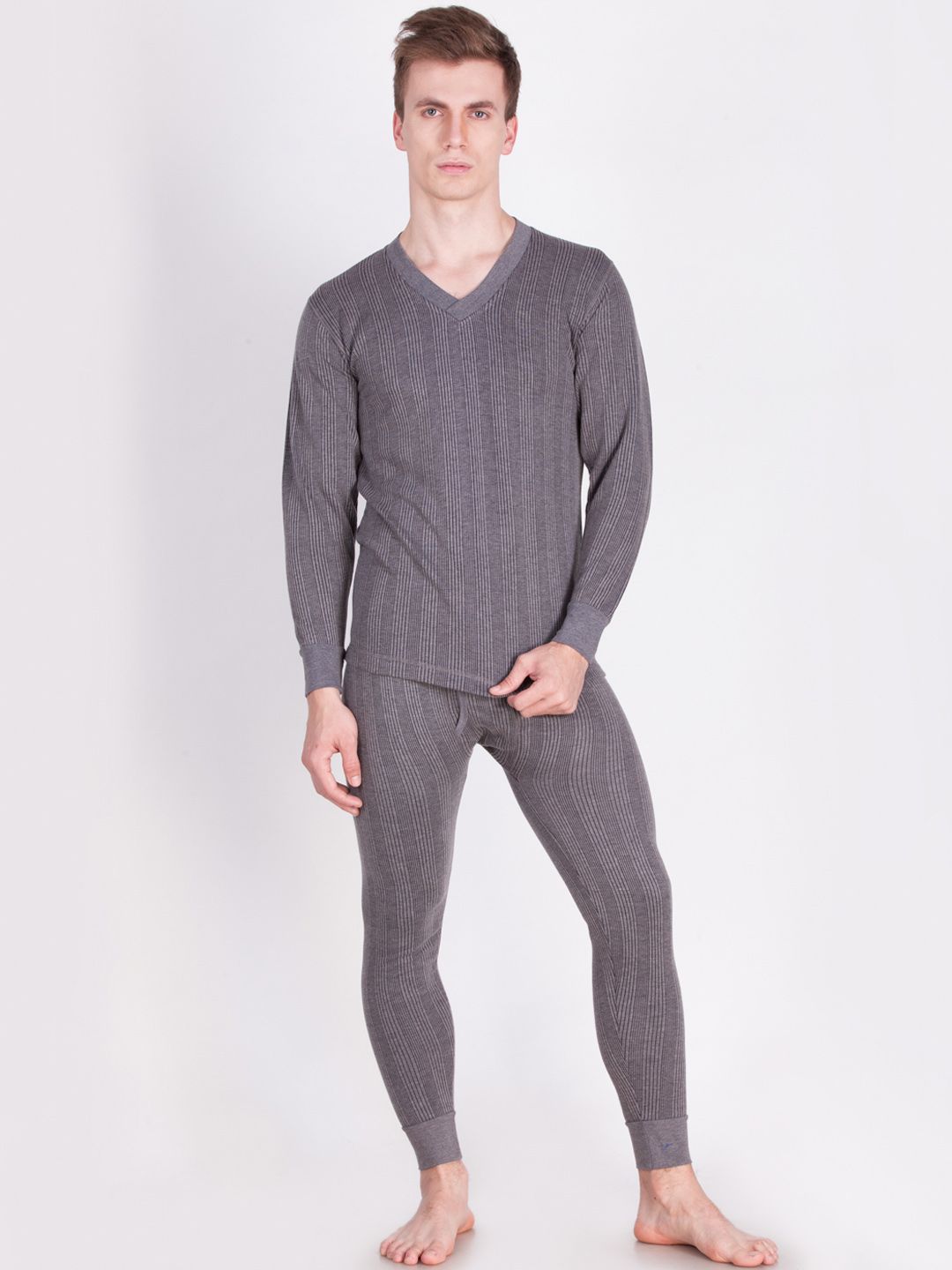 Dollar Ultra Men Grey Striped Thermal Set